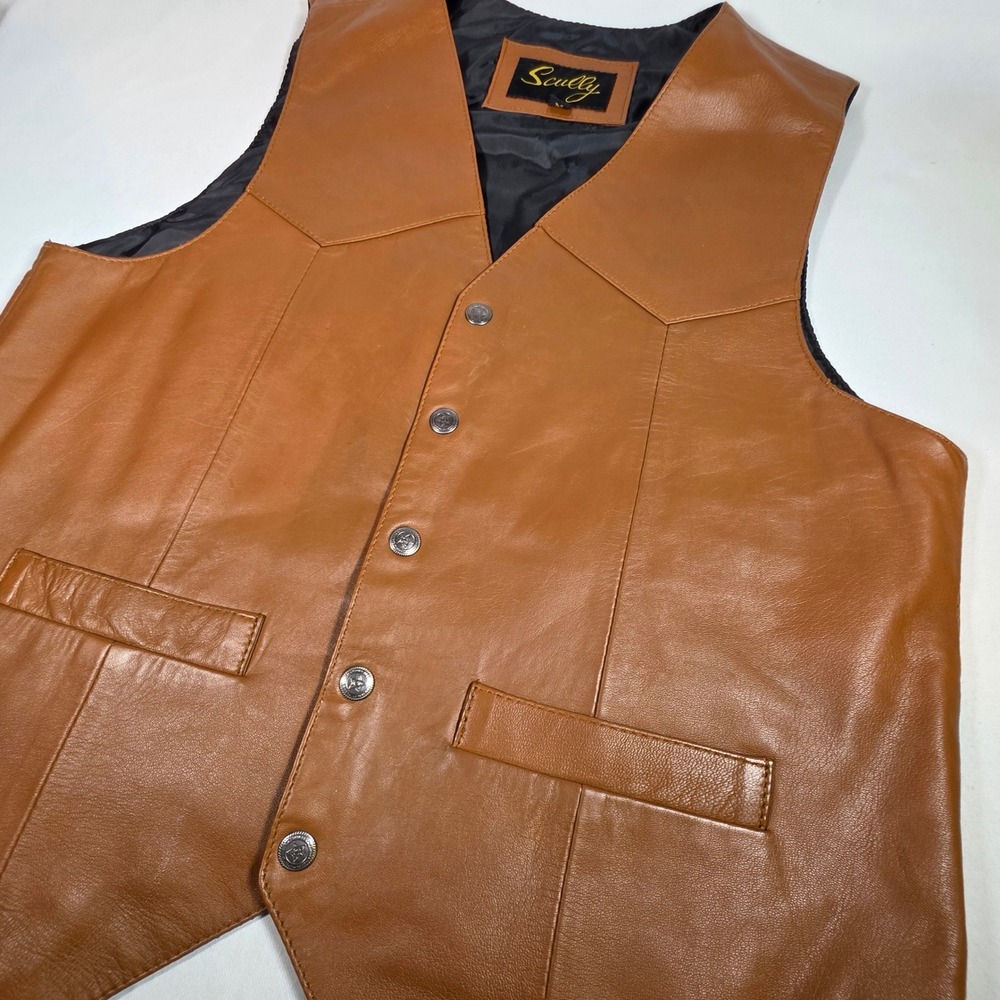 SCULLY Men's M Cognac Brown Leather Western Vest Cowboy 70s Outlaw Ranchwear